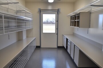 Aufkleber - A clean, organized storage room with shelves and a door leading outside.