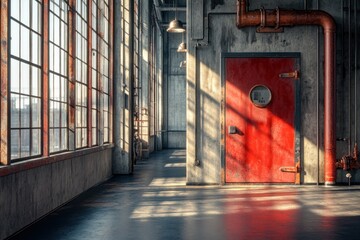 Poster - A spacious industrial interior featuring large windows and a striking red door.