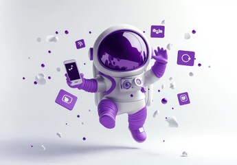 Poster - A playful astronaut holding a smartphone amidst floating icons, representing digital connectivity.