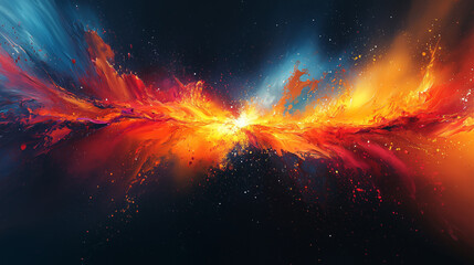 Wall Mural - sweeping colors of orange and blue in an explosive abstract that suggests a fiery horizon at dusk