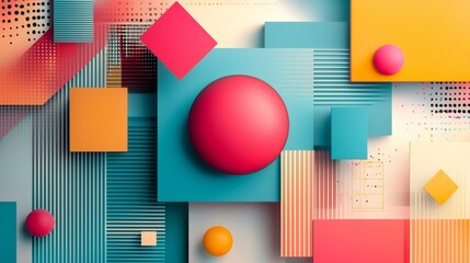 Poster - A dynamic arrangement of geometric shapes in vivid colors forms an engaging abstract composition. Circles, squares, and lines intermingle, invoking a sense of playful creativity