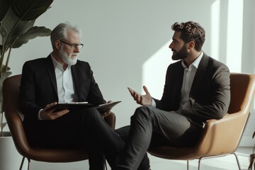 Poster - Two men in suits are sitting in chairs and talking
