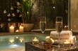 © ckybe - Experience a lavish weekend retreat with a luxurious spa ambiance featuring plush robes, aromatic candles, and sparkling champagne flutes for ultimate relaxation.