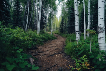 Poster - A calm forest path surrounded by tall, slender birch trees with white bark.
