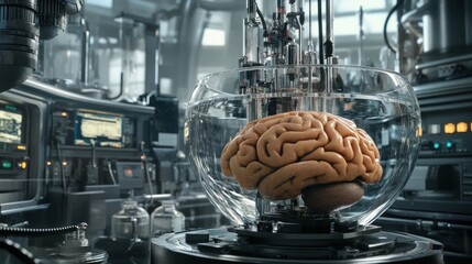 Poster - brain in a glass container within a laboratory setting