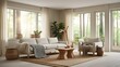 © AdibaZR - Minimalist living room with forest view and sunlight.