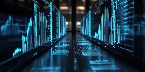 Poster - 3d glowing led blue color of business information data on high tech glass panel. Concept for financial advisory using artificial intelligence technology. on dark background