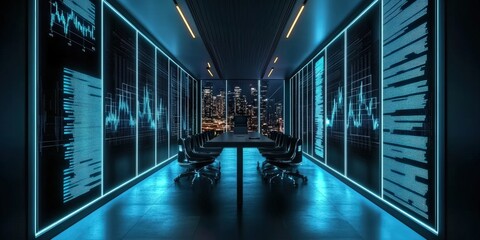 Poster - 3d glowing led blue color of business information data on high tech glass panel. Concept for financial advisory using artificial intelligence technology. on dark background