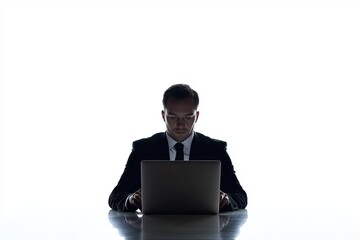 Poster - A man in a suit is sitting at a desk with a laptop in front of him