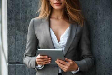 Poster - A woman in a business suit holding a tablet