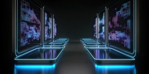 Poster - 3d glowing led blue color of business information data on high tech glass panel. Concept for financial advisory using artificial intelligence technology. on dark background