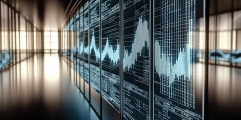 Poster - 3d glowing led blue color of business information data on high tech glass panel. Concept for financial advisory using artificial intelligence technology. on dark background