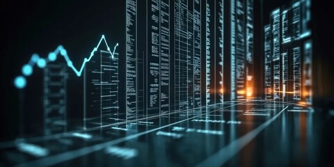 Poster - 3d glowing led blue color of business information data on high tech glass panel. Concept for financial advisory using artificial intelligence technology. on dark background