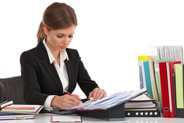 Poster - A woman in a business suit is writing on a piece of paper
