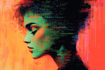 Poster - A side profile of a woman's face intricately melded with digital code and vibrant colors, representing technology's fusion.