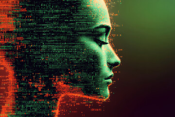 Poster - Silhouette of a woman's face is intertwined with digital code, artfully exploring themes of identity in the digital world.