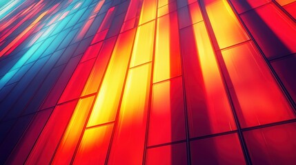 Poster - Vibrant colors illuminate modern building facade during golden hour in urban setting