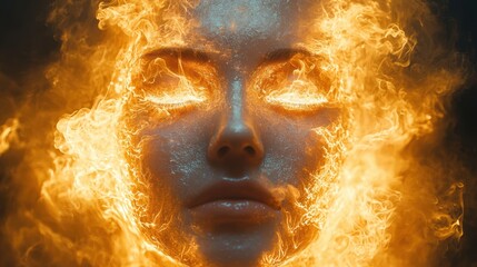 Poster - Unique portrait of a woman surrounded by vibrant flames representing chaos and intensity