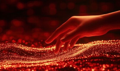 Wall Mural - a hand gently touches a flowing wave of shimmering red particles.