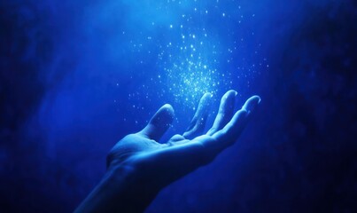 Wall Mural - a hand reaching out, surrounded by sparkling particles in a blue atmosphere.