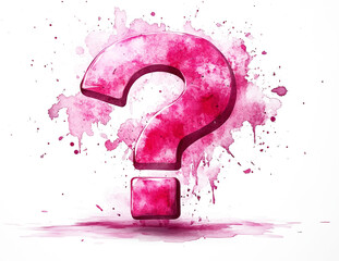 Poster - A bold, pink watercolor question mark with splashes, symbolizing curiosity and thought in an artistic expression.
