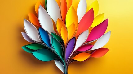 Poster - Colorful tree made of paper is displayed on a yellow background. The tree is made up of many different colored leaves, creating a vibrant and lively scene