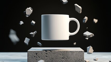 Poster - White coffee cup is suspended in midair above a pile of rubble. Concept of chaos and destruction, with the cup floating above the debris as if it were untouched by the surrounding destruction