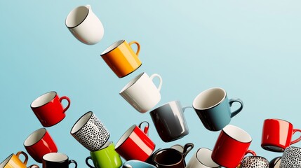 Poster - Collection of colorful coffee mugs are flying through the air. The mugs are of various shapes and sizes, and they are scattered all over the image. Concept of chaos and disarray