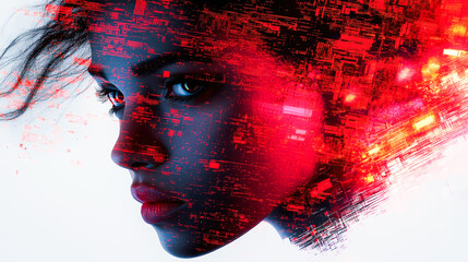Poster - A woman's portrait with red digital elements, highlighting tech integration in human identity and creativity.