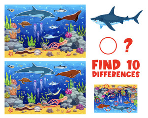 Poster - Find ten differences on underwater landscape with sea animals vector cartoon worksheet. Kids game puzzle quiz to find 10 differences of undersea dolphin and shark or tuna fish, funny turtle and walrus