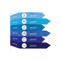 Fototapete - Modern infographic template. Big paper arrow of 6 Blue colour horizontal strips. Can be used for graph, chart, report, presentation