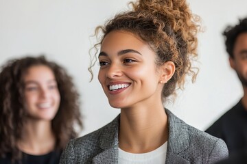 Poster - A woman with curly hair is smiling and wearing a jacket