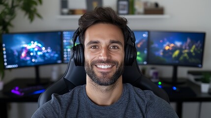 Poster - Man is sitting in front of a computer with a smile on his face