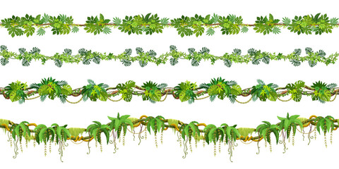 Wall Mural - tropical jungle forest liana seamless vine branches. vector banner borders of exotic climbing plant 