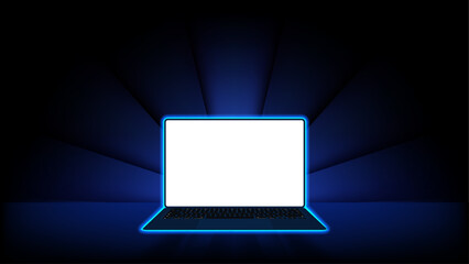 Poster - Neon Blue Laptop in Dark. Laptop Computers with Light Screens. Vector Illustrations of Glowing Backgrounds and Display Technology
