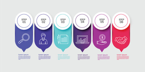 Poster - Concept of arrow business model with 6 successive steps. six colourful rectangular elements