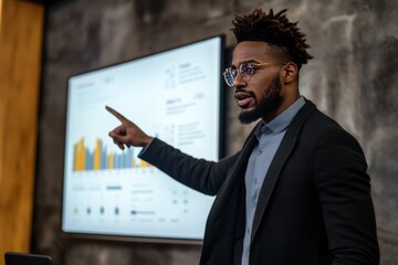 Poster - A man pointing at a large screen with a presentation on it