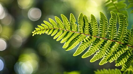 Poster - Fern leaf close-up with sunlight and bokeh, nature beauty and serenity concept
