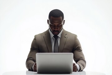 Poster - A man in a suit is sitting at a desk with a laptop in front of him