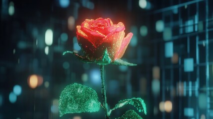 Poster - A glowing pixelated rose in vibrant red and green hues, set against a sleek black digital backdrop.