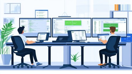 Poster - A helpdesk team working together in a modern office, multiple screens showing support tickets and communication tools. Free copy space.
