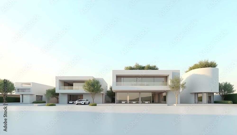 The homes are set against a soothing light blue sky and feature a ...
