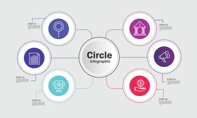 Fototapete - Infographics 6 element with centre circle. Graphic chart diagram, business timeline graphic design