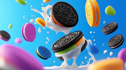 Poster - Colorful image of a variety of oatmeal cookies with milk splashing around them. Scene is playful and fun, as the cookies are depicted as if they are flying through the air