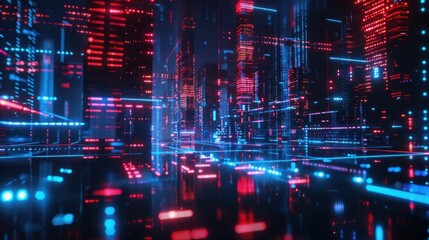 Poster - futuristic cityscape, digital landscape, neon lights, night scene, technology background, vibrant colors, abstract city, modern architecture, glowing grid, high tech environment, blue and red hues
