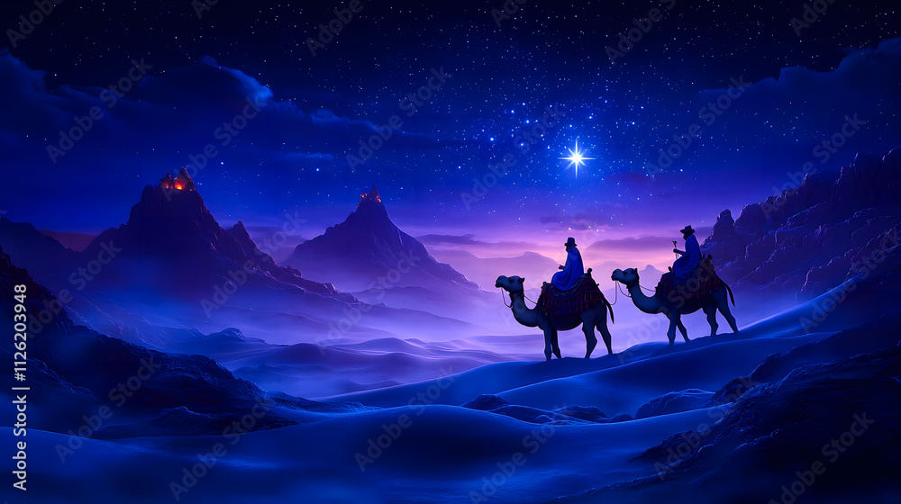 Cartoon artwork of three wise men on camels in the desert, following ...