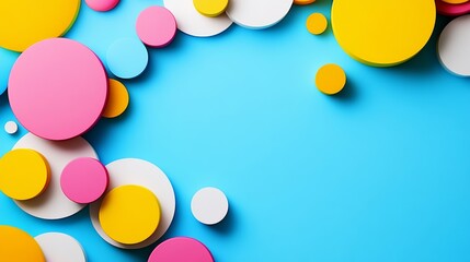 Poster - Blue background with a bunch of colorful circles. The circles are of different sizes and colors, and they are arranged in a way that creates a sense of movement and energy. Scene is playful and fun