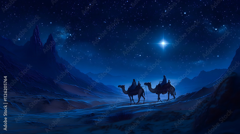 Cartoon artwork of three wise men on camels in the desert, following ...