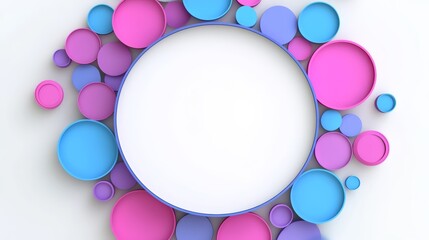 Poster - Colorful circle with pink, blue, and purple circles surrounding it. The circle is white and the colors are bright and bold. The image has a playful and fun vibe, with the bright colors