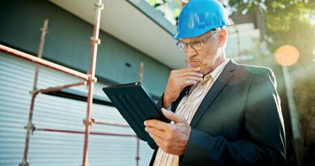 Poster - Construction site, thinking and man with tablet, planning for project and safety with online checklist. Mature person, architecture and employee with choice, tech and connection with app or inspector